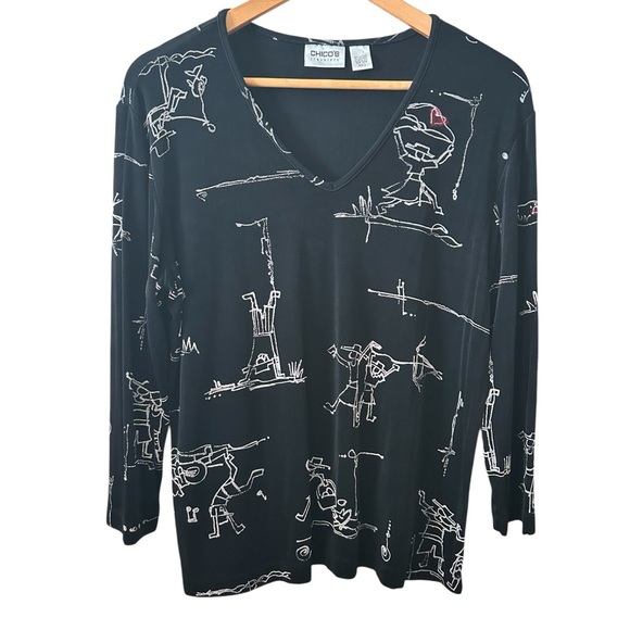 🩷 Chico’s Travelers Sz 2 Slinky Artsy Drawing Dancing People Red Heart Black top - Picture 1 of 9